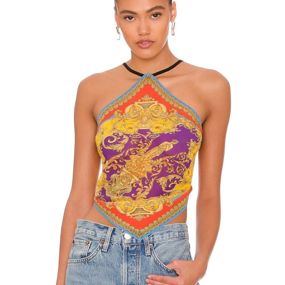 Versace Barocco Goddess Scarf Top in Dark Orchid & Sun size 46/us size 10